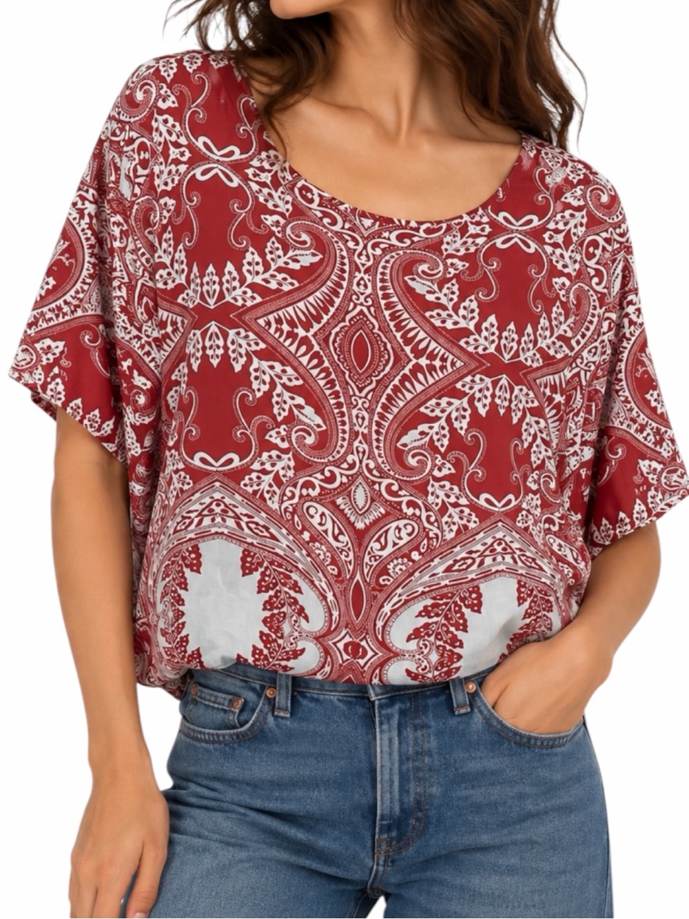 Alya Red and Blue Paisley Print Dolman Sleeve Top‎ Sz M